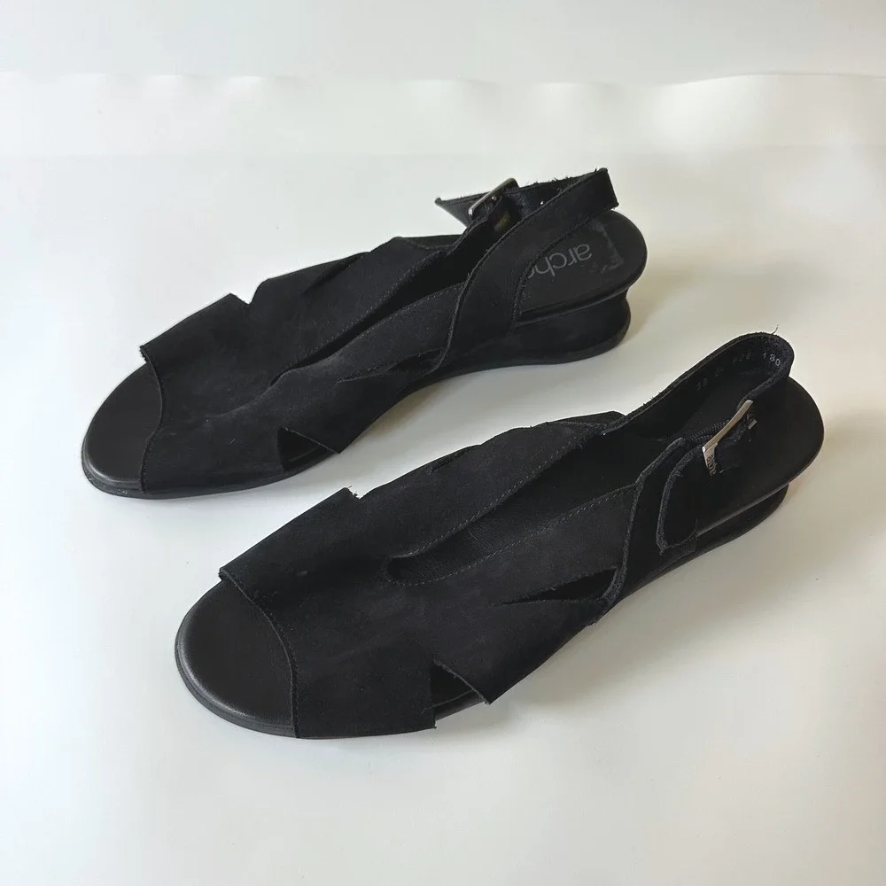 Arche Wedge Sandals Suede Leather Black Slingback Open Toe 39 US 8